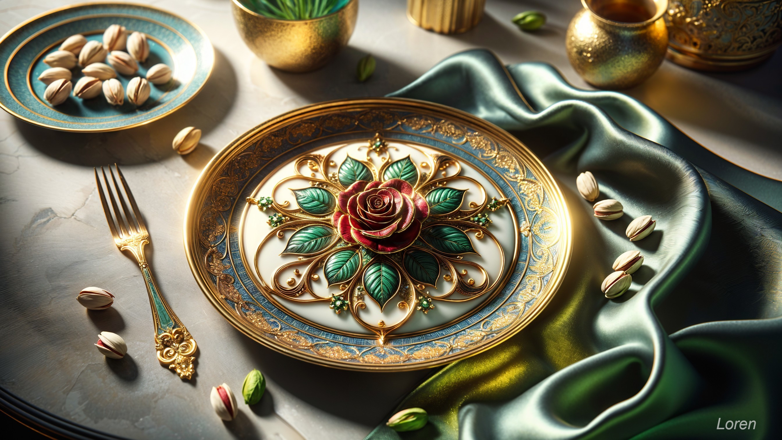 Intricately Designed Plate with Rose and Gold Detailing
