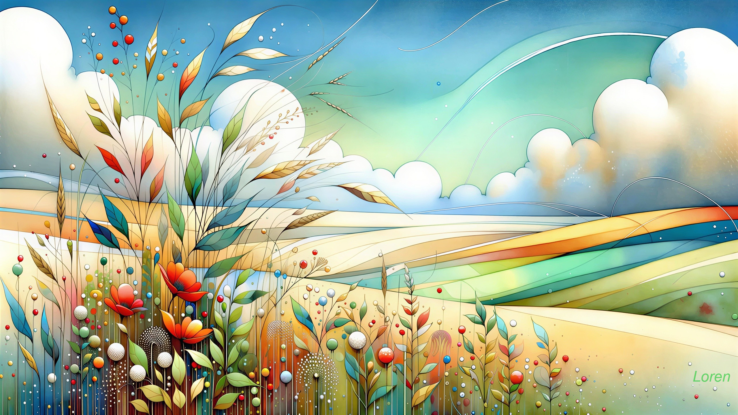 Vibrant Watercolor Landscape with Stylized Plants