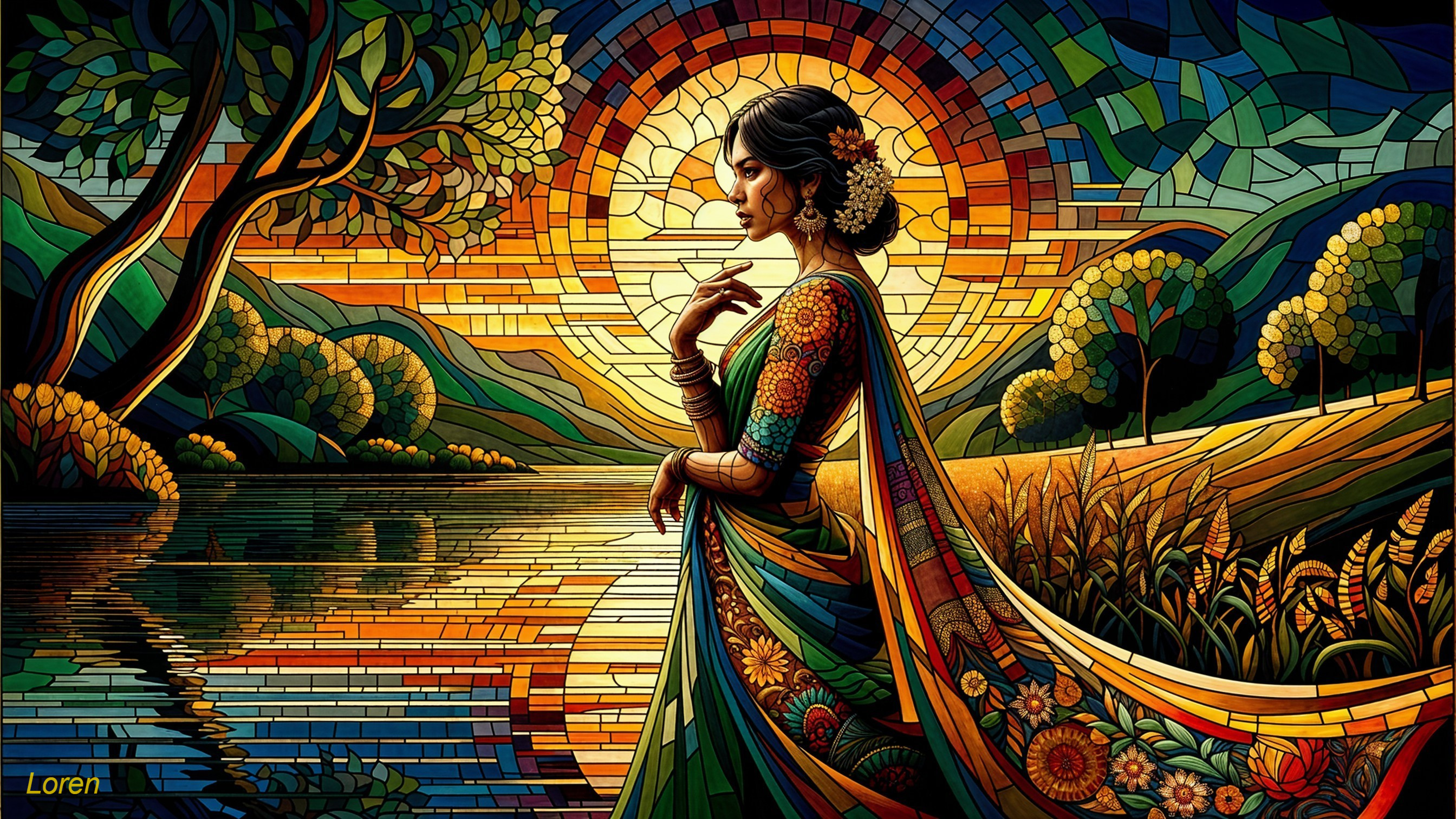 Stained-glass artwork of a woman by a lake at sunrise