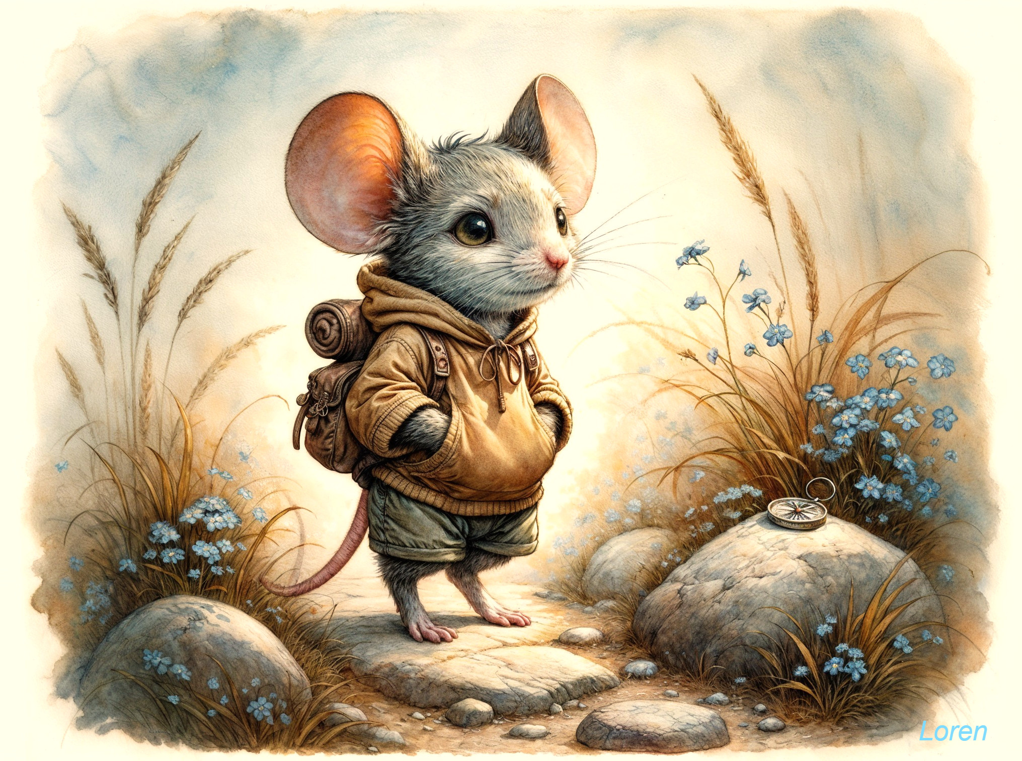 Anthropomorphic mouse in hoodie on stone pathway