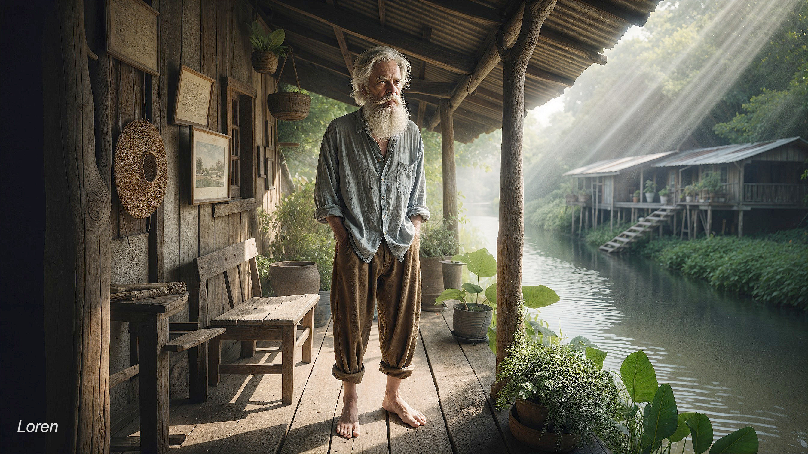 Elderly Man on Sunlit Porch by Tranquil River