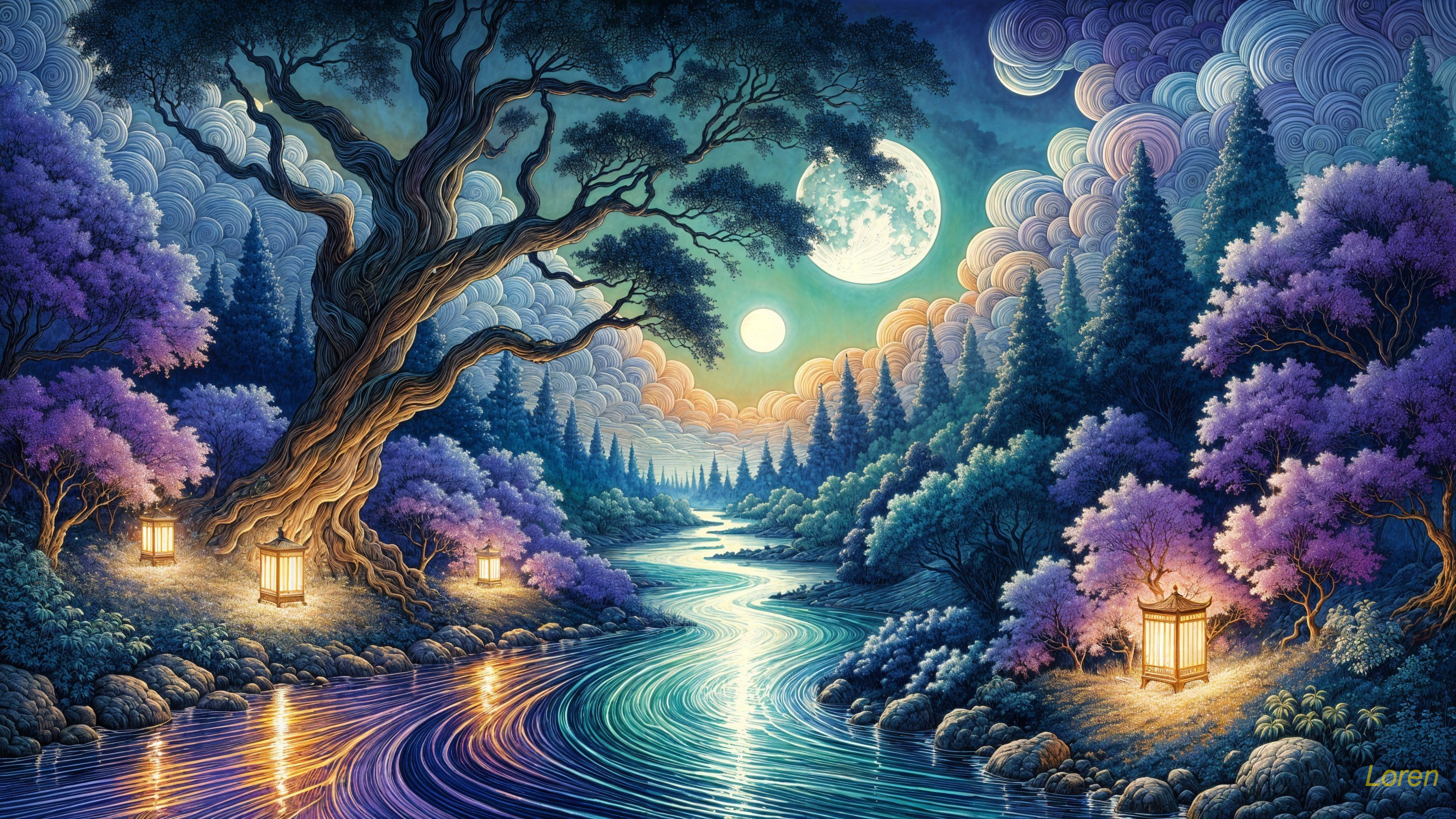 Twilight Landscape with River, Moon, and Lanterns