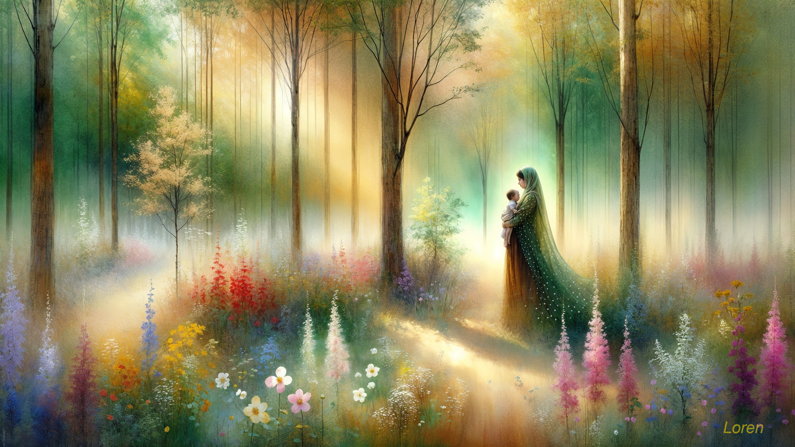 Forest Glade with Radiant Figure and Colorful Wildflowers