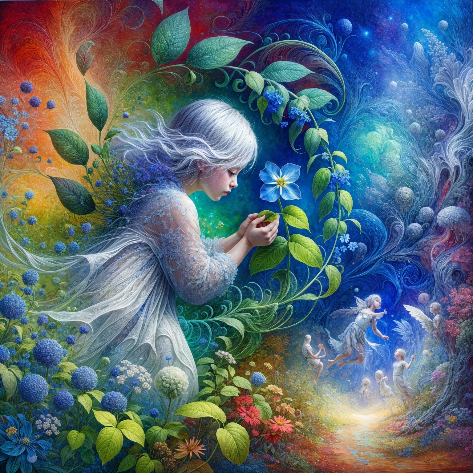 Whimsical scene of a girl with a blue flower