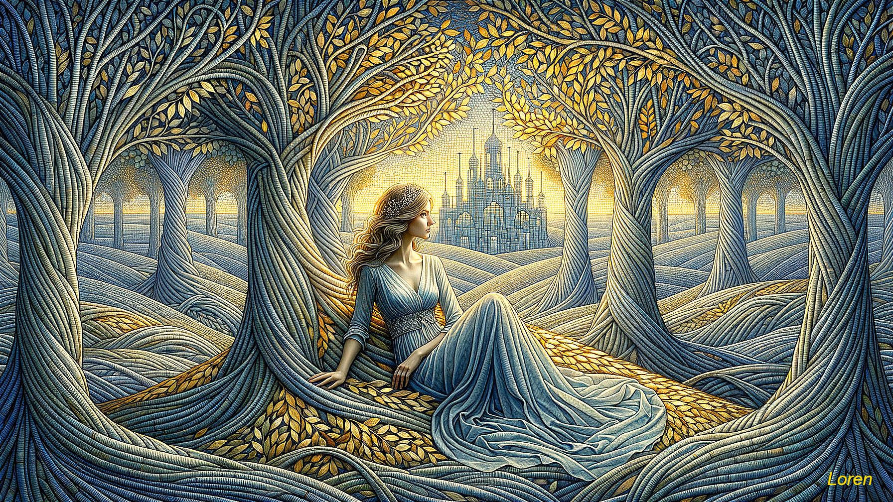 Serene figure in a dreamlike enchanted landscape