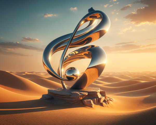 Metallic Treble Clef Sculpture in Desert Landscape