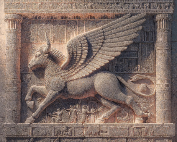 Intricately Carved Stone Relief of a Winged Bull