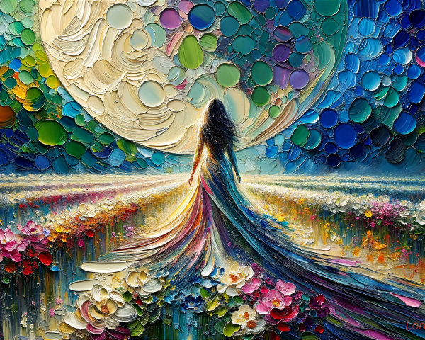 Woman in Colorful Dress Amidst Vibrant Flowers and Moon