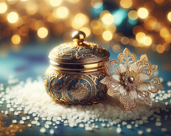 Ornate decorative box with gold detail and lace flower