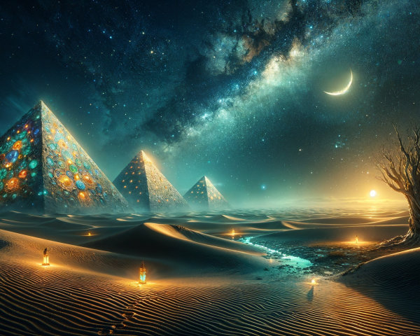 Surreal Desert with Luminous Pyramids and Night Sky