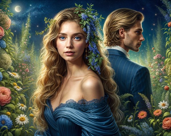 Moonlit Garden Scene with Elegant Couple in Blooming Flowers