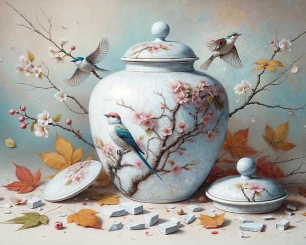 Ceramic Jar with Cherry Blossoms and Autumn Leaves