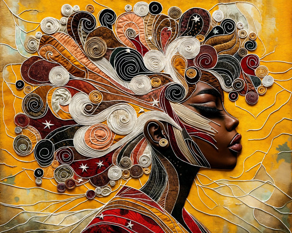 Profile of a woman with intricate hair design and colors