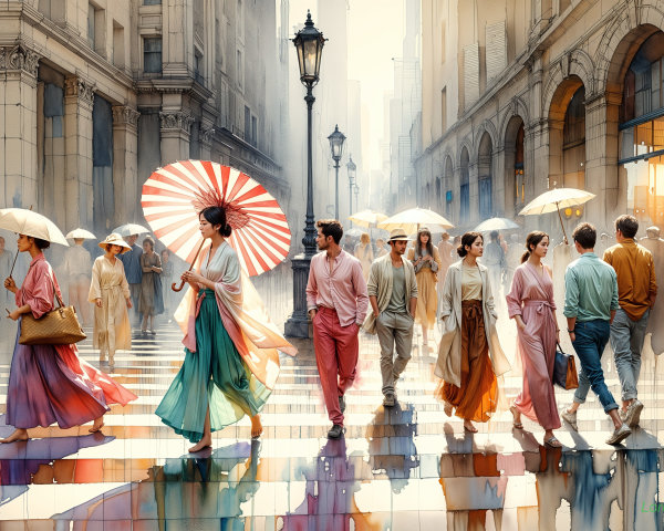 Elegant City Street Scene with Colorful Umbrellas