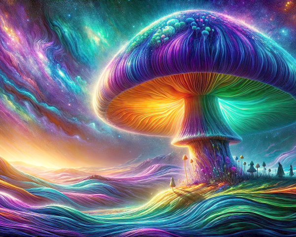Surreal Landscape with Colossal Colorful Mushroom