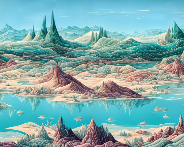 Surreal Vibrant Landscape with Hills and Serene Lake