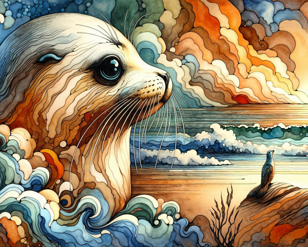 Whimsical Seal in Colorful Swirling Waves and Sunset