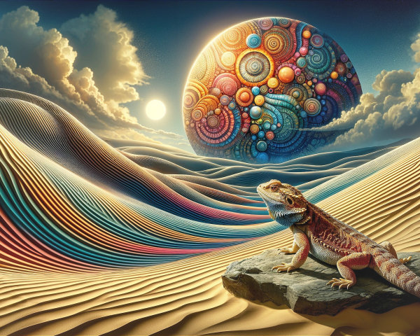 Surreal Landscape with Bearded Dragon and Cosmic Elements