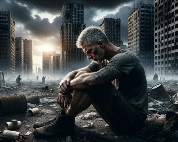 Post-Apocalyptic Urban Landscape with Isolated Man