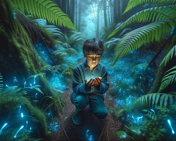 Young boy in mystical forest with glowing plants