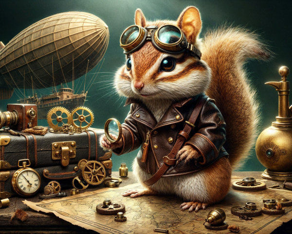 Anthropomorphic squirrel in steampunk setting with gadgets