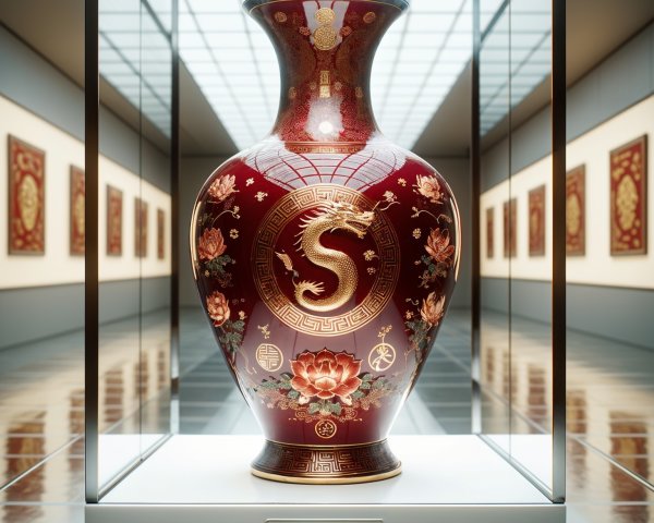 Elegant red vase with gold dragon design in gallery
