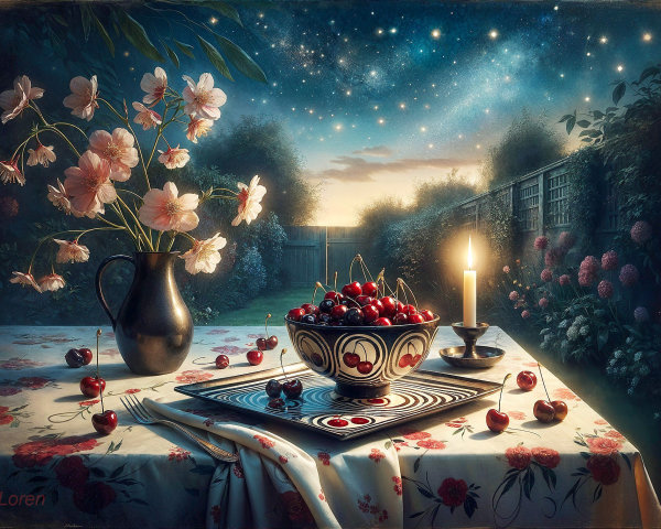 Serene Nighttime Garden Table with Flowers and Cherries