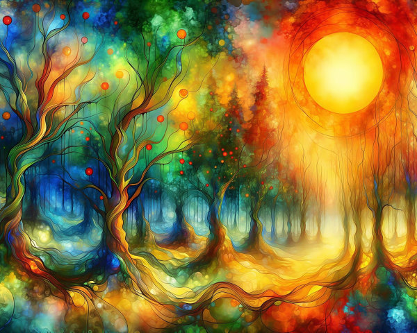 Psychedelic Forest Painting with Colorful Trees and Sun