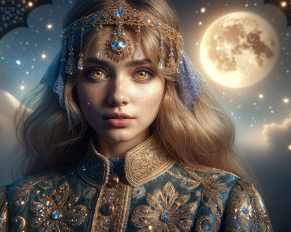 Young Woman with Blonde Hair and Moonlit Background