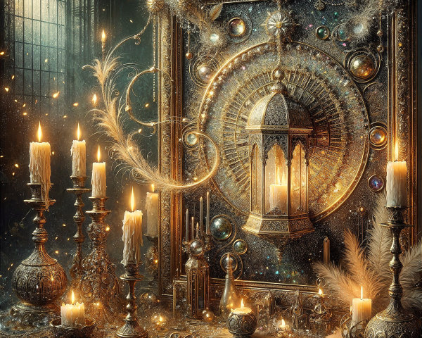 Mystical Setting with Candles and Golden Lantern