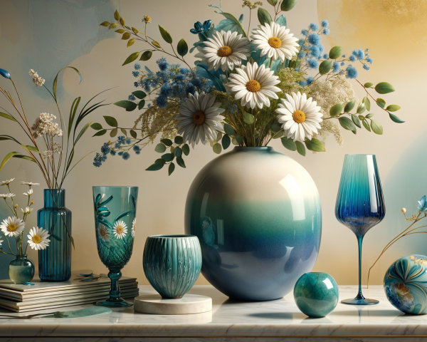 Serene Still Life with Blue Vases and Daisies