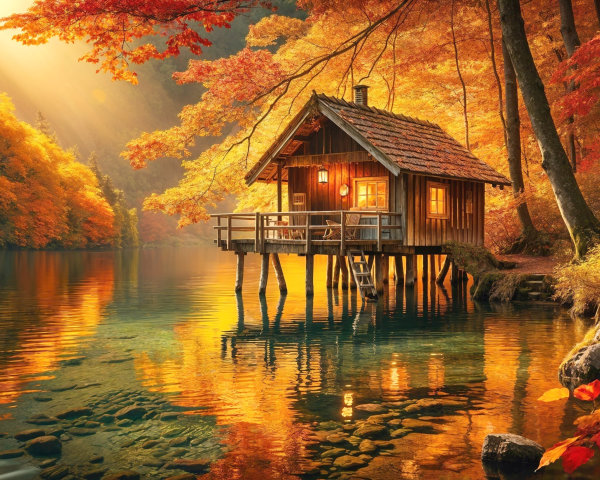 Wooden Cabin on Stilts by Tranquil Autumn Lake