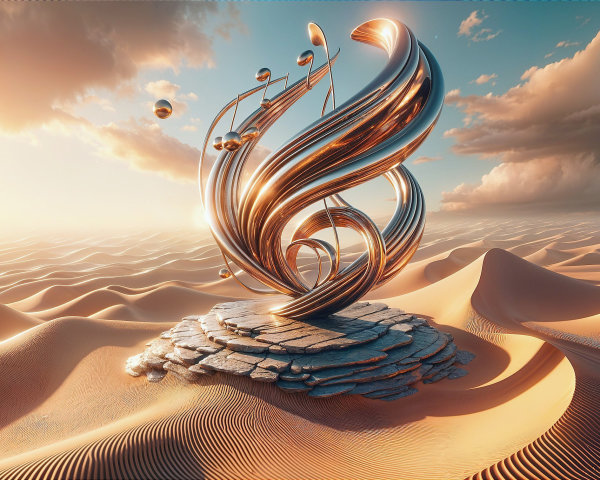Metallic Sculptures in Desert Landscape with Dunes
