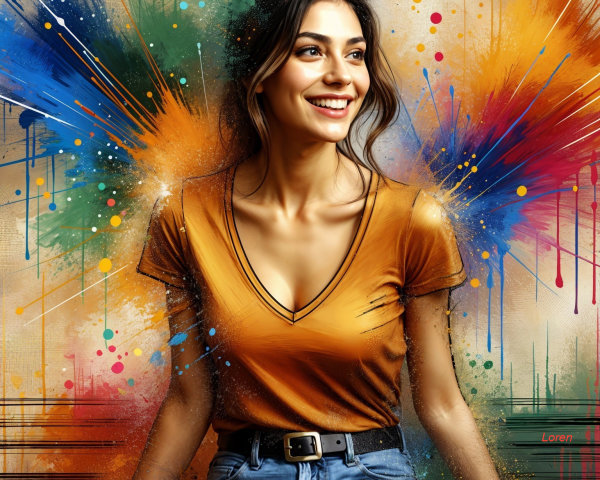 Cheerful Young Woman in Colorful Abstract Background