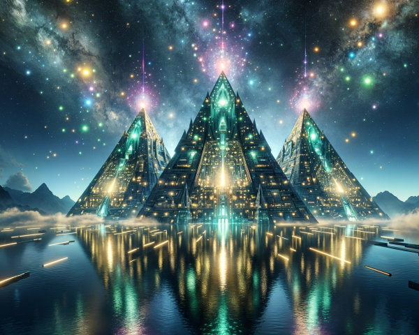 Futuristic landscape with illuminated pyramids and stars