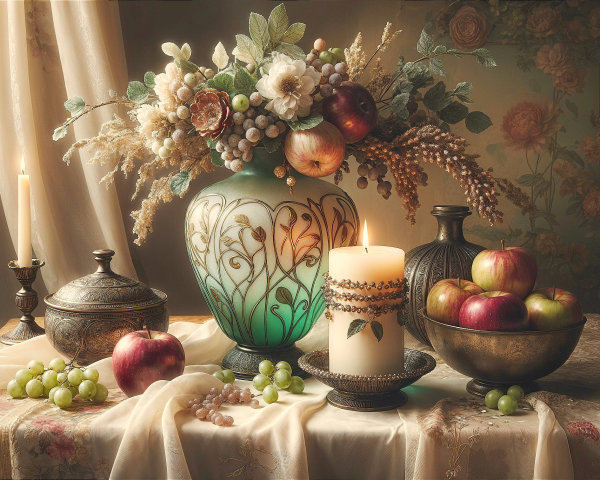 Elegant Still Life with Flowers and Fresh Fruit