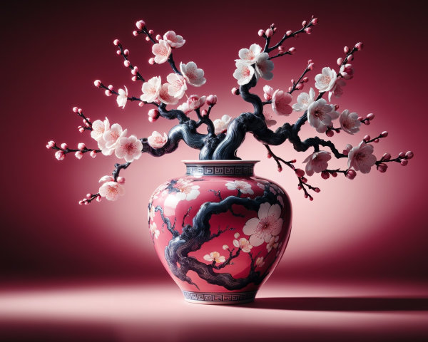 Porcelain vase with cherry blossoms on red background