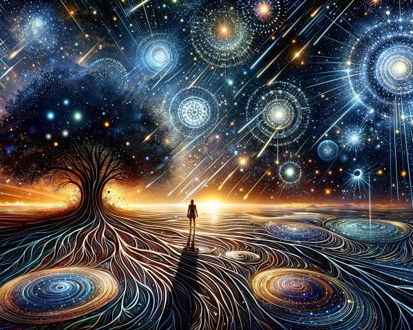 Surreal Cosmic Landscape with Solitary Figure and Tree