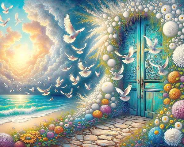 Tranquil Spiritual Landscape with Floral Archway and Beach