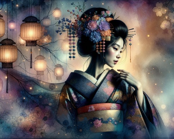 Serene Portrait of a Woman in Vibrant Kimono