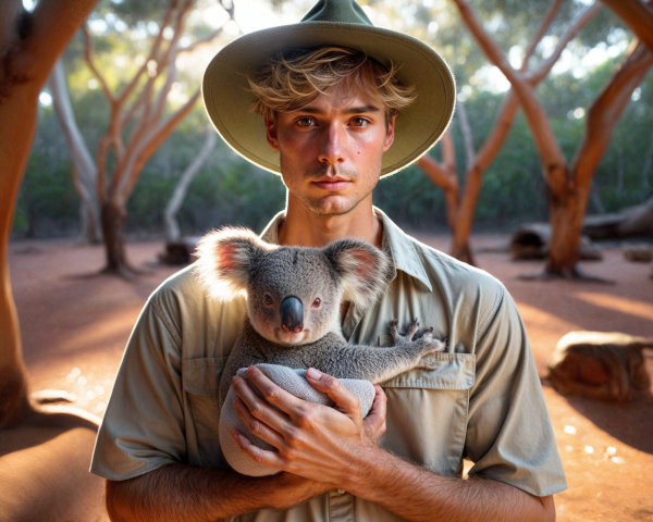 Young man with koala in serene forest setting