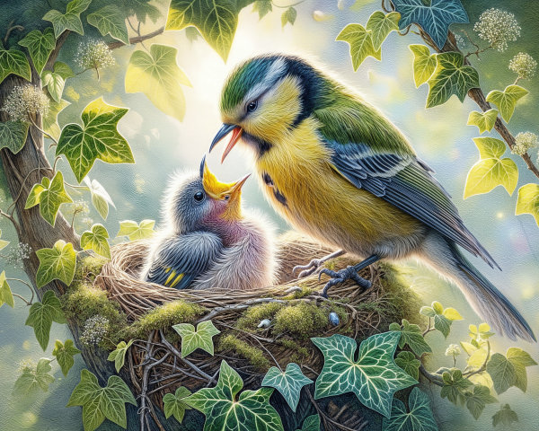 Parent Bird Feeding Chick in Lush Green Nest