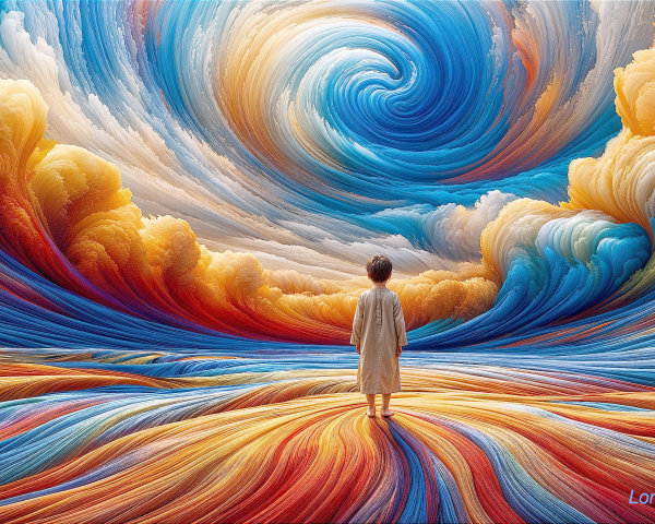 Child in a Colorful Surreal Landscape with Dynamic Sky