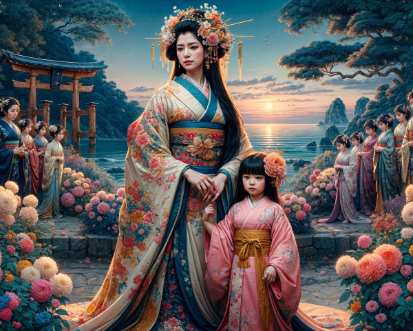 Serene Scene of Women in Kimono by Water and Flowers
