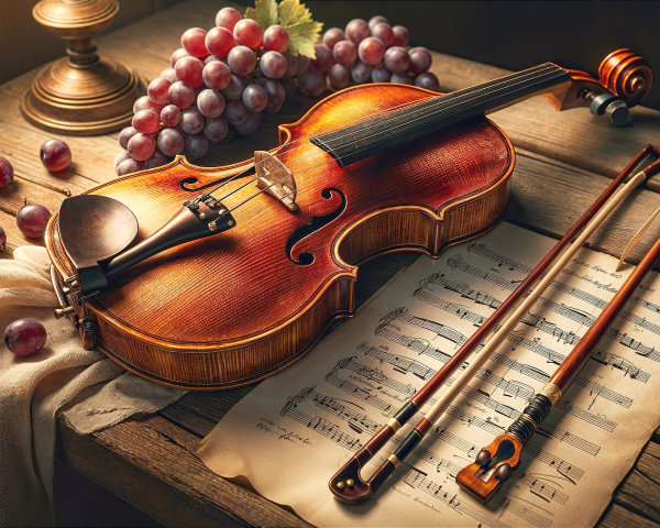 Violin with Bows and Grapes on Wooden Table