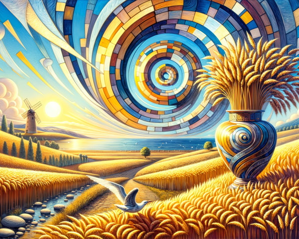 Vibrant Landscape with Wheat Fields and Tranquil River