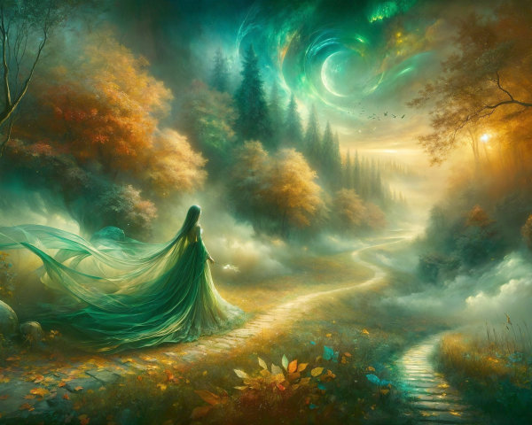 Mystical Autumn Landscape with Serene Figure and Galaxy