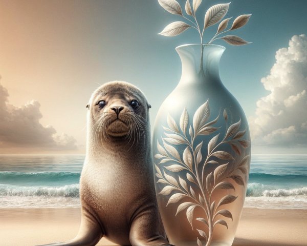Serene Beach Scene with Seal and Elegant Vase