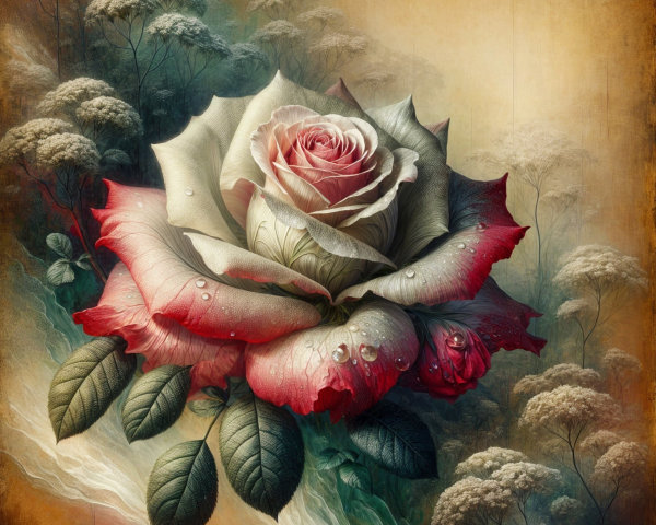 Intricate Detail of a Blooming Rose with Dewdrops