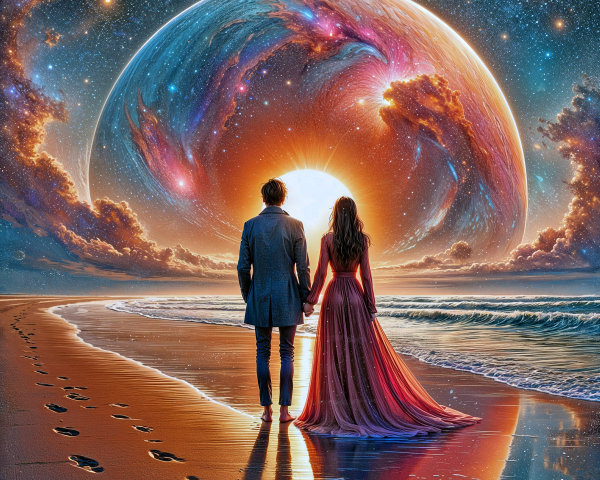 Couple on Beach Under Cosmic Sky with Radiant Planet